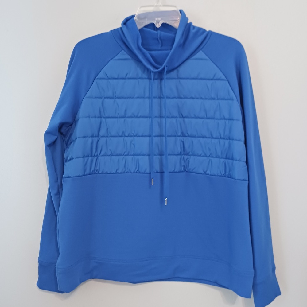 Xersion Quilted Pullover Womens Large Blue Excellent Cowl Neck Mixed Media Top